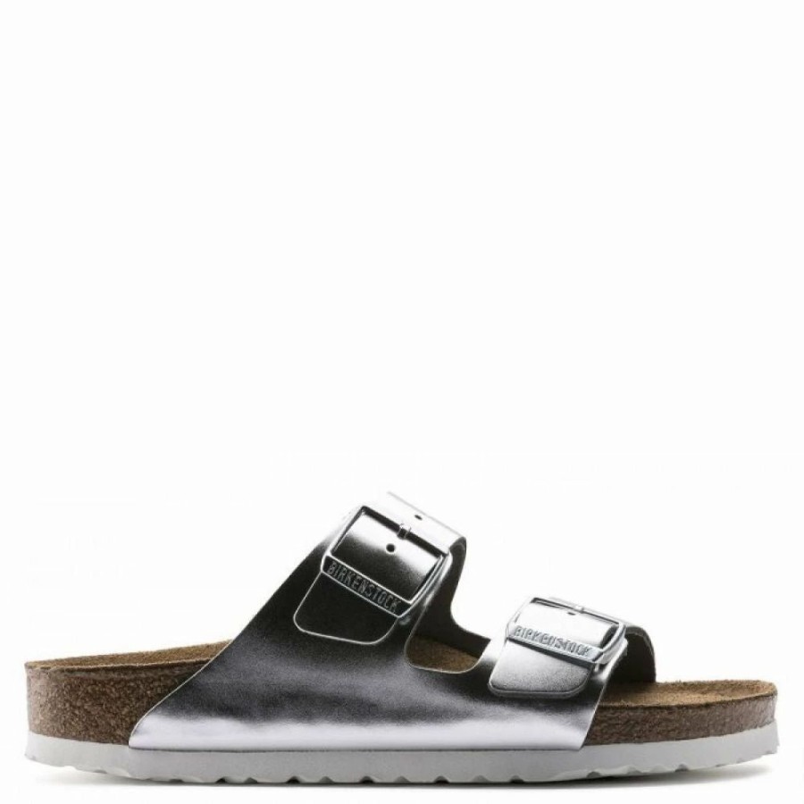 * Birkenstock Women'S Arizona Softbed Leather In Metallic Silver (Narrow Width) New