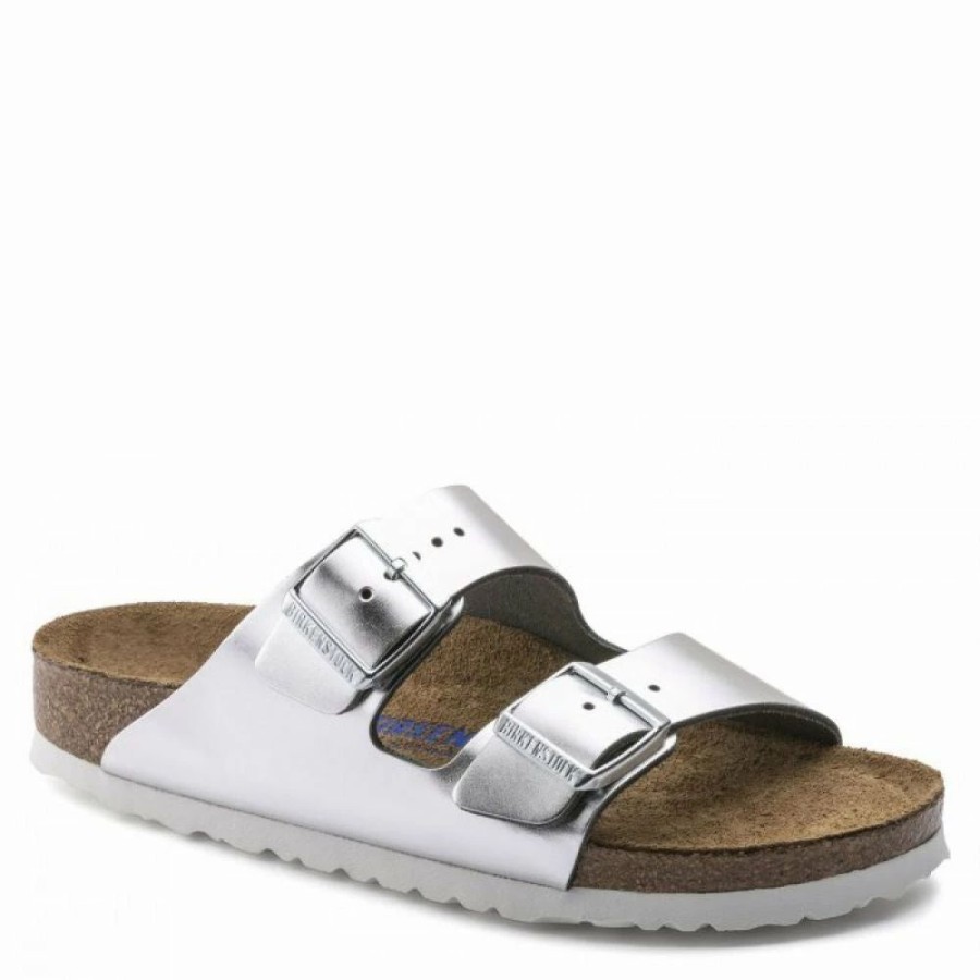 * Birkenstock Women'S Arizona Softbed Leather In Metallic Silver (Narrow Width) New