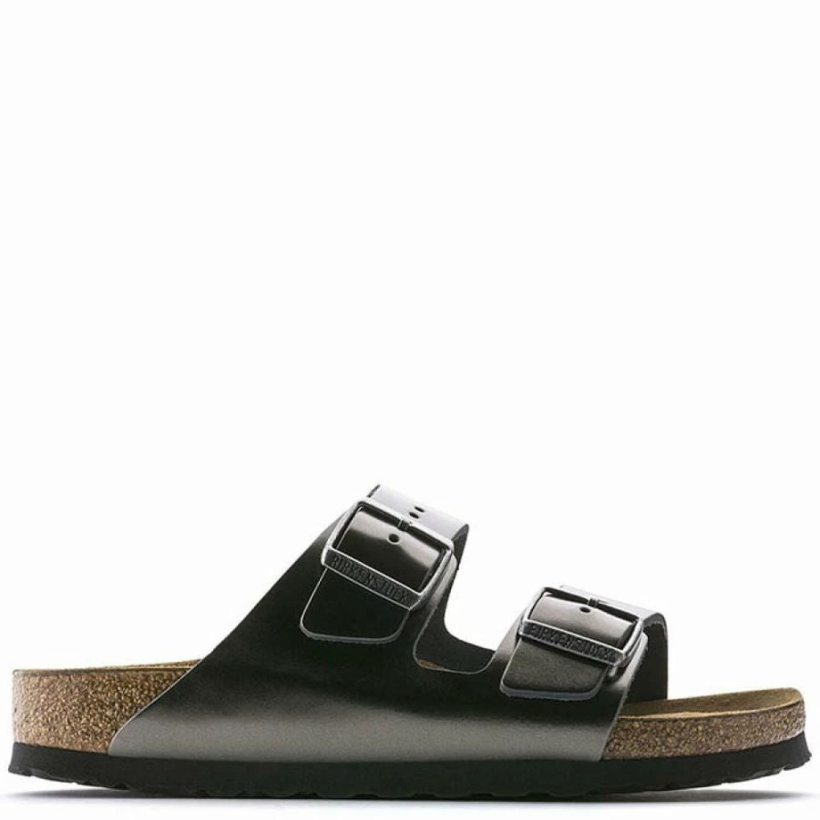 * Birkenstock Women'S Arizona Softbed Leather In Metallic Anthracite (Narrow Width) Hot