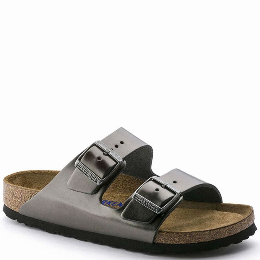 * Birkenstock Women'S Arizona Softbed Leather In Metallic Anthracite (Narrow Width) Hot