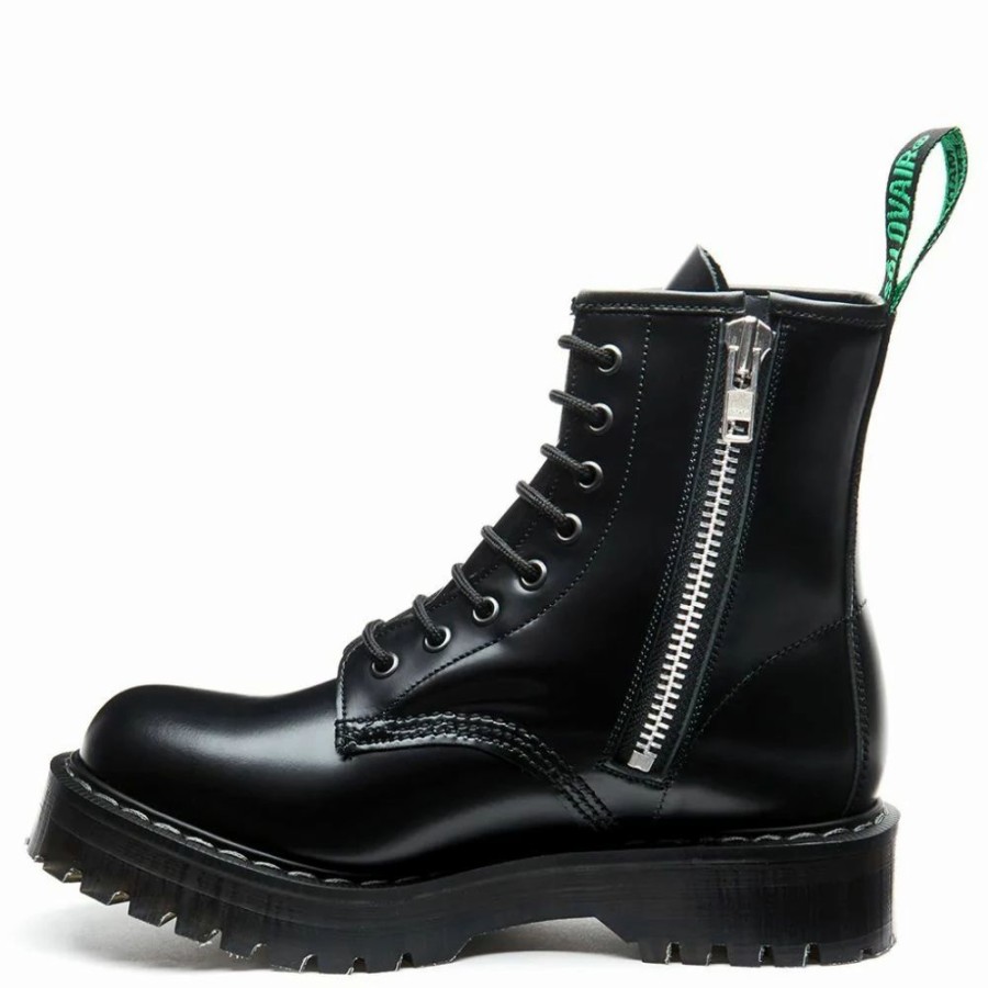 * Solovair 8 Eye Zip Platform Derby Boot In Black Hi-Shine New